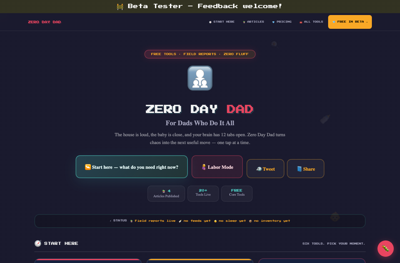 Zero Day Dad parenting site — header with the Zero Day Dad logo and navigation over a featured article.